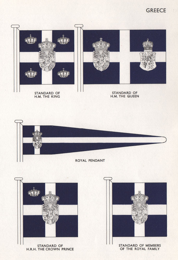 GREECE ROYAL FAMILY STANDARDS FLAGS HM King/Queen HRH Crown Prince Pendant 1958